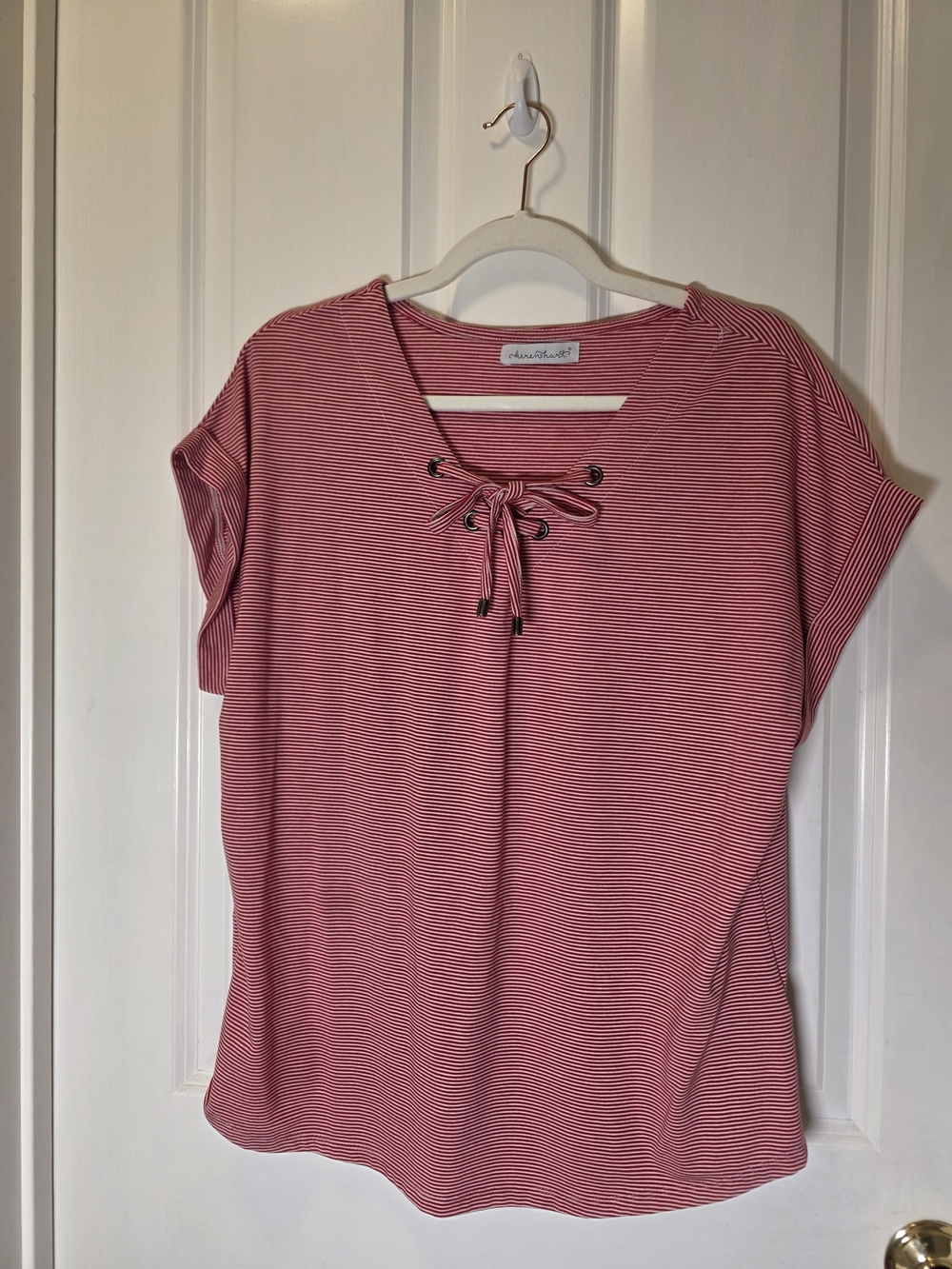 KEREN hart Rose Striped Lace-Up Short Sleeve Tee